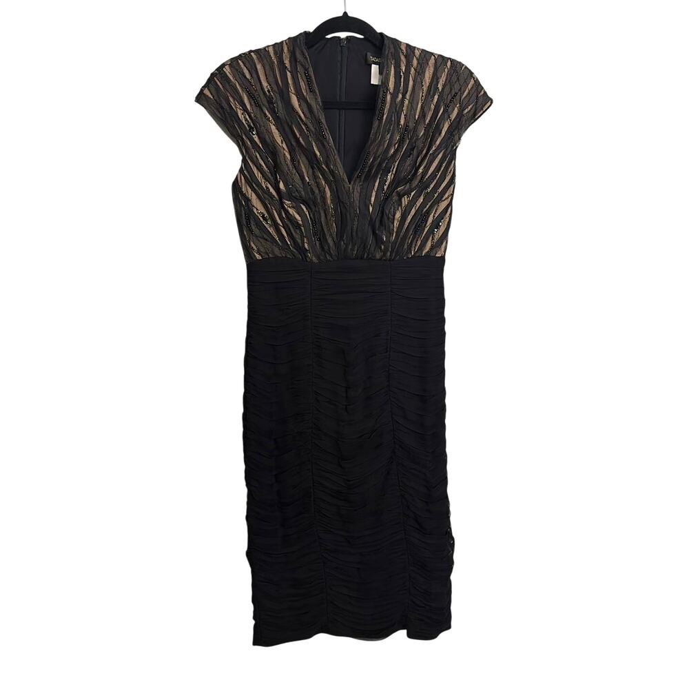 Tadashi Shoji Dress Womens 4 Black Nude Beaded Mesh V-Neck Cap Sleeve Sheath
